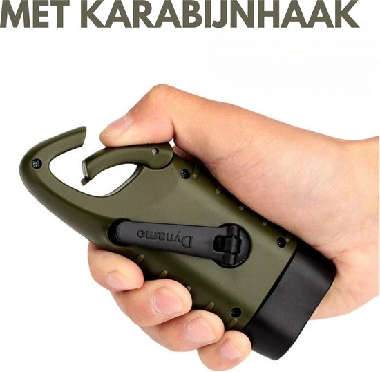Militaire Zaklamp - Solar + Handzwengel + Karabijnhaak
