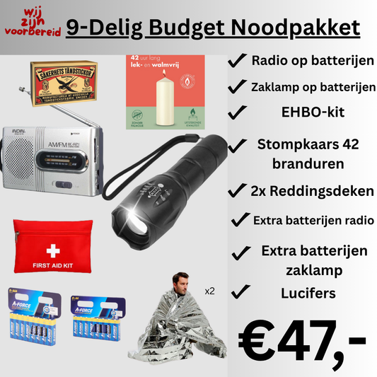 Noodpakket Budget - Bevat alle essentials - Met Radio en Zaklamp inclusief Batterijen - 9-Delig Noodpakket